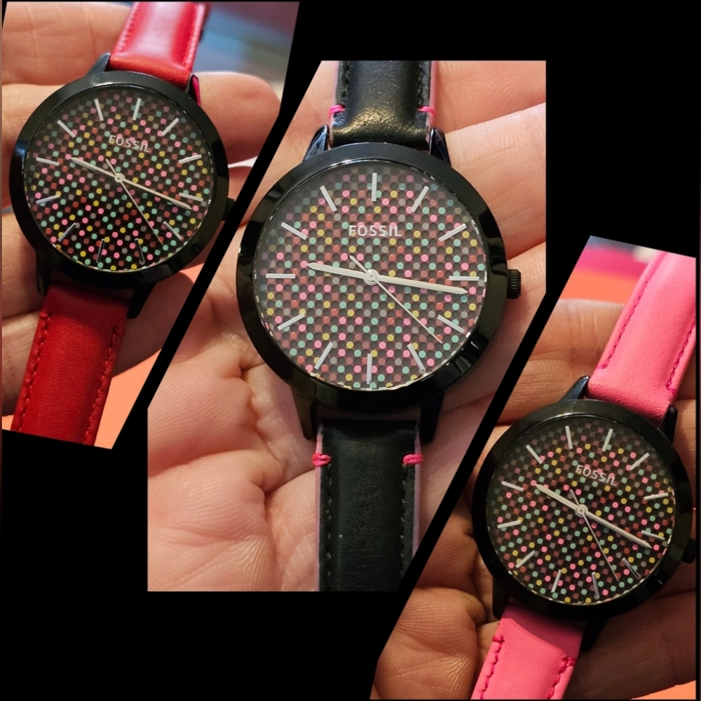 Fossil Multicolor Dot Watch with Black, Red and Pink Interchangeable Straps